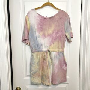 Good Luck Gem NWT One Piece Tie Dye French Terry Drawstring Waist Pocket Romper